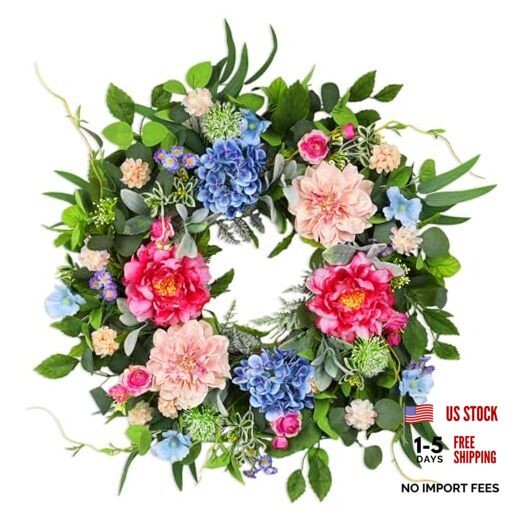 24 Inch Spring Wreaths for Front Door, Artificial Front Door Wreath Hydrangea