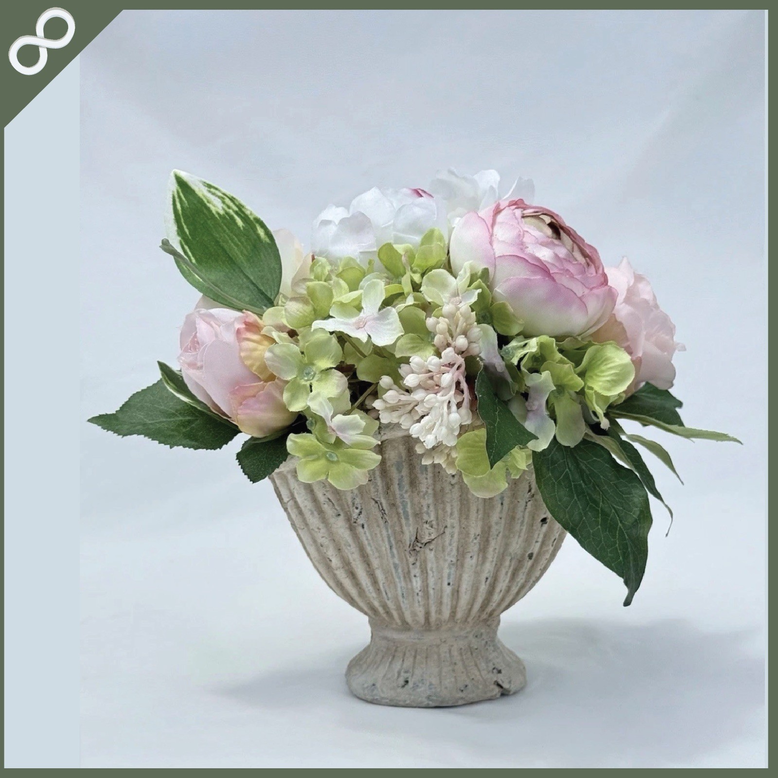 Faux Flower Arrangement in Fluted Urn Vase Cottage Decor