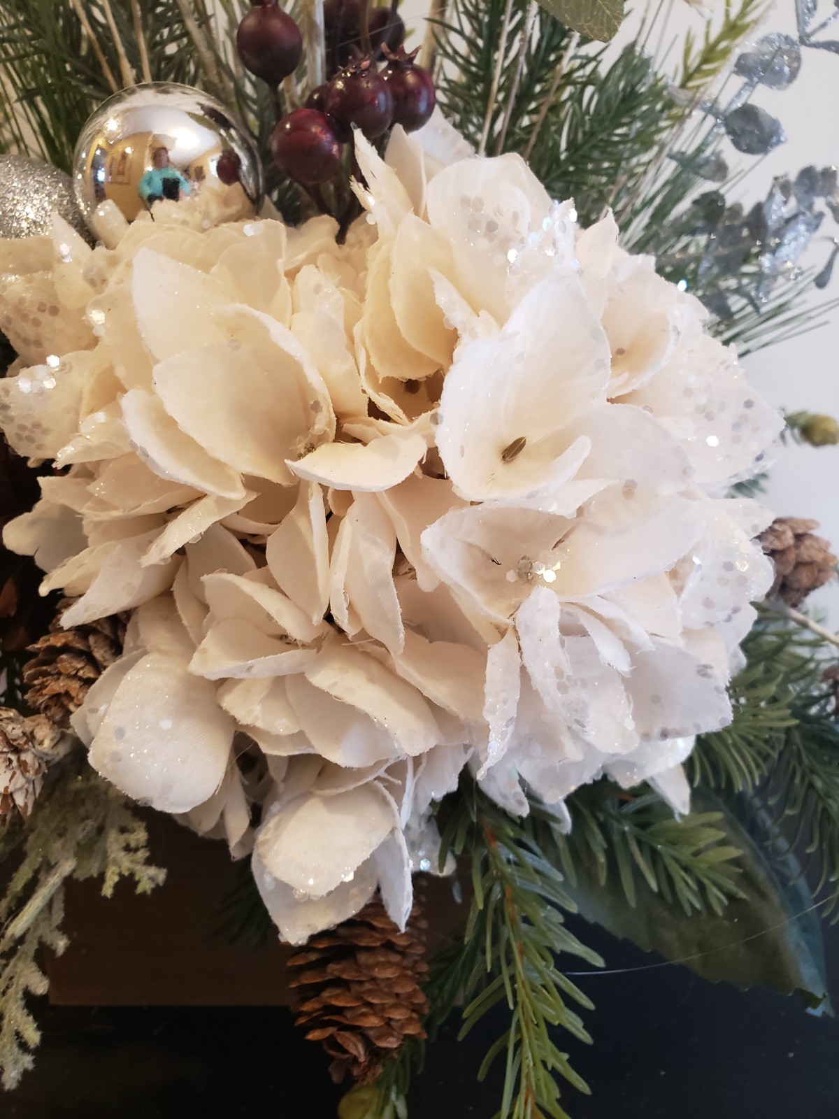 Cream Hydrangea Christmas Arrangement, Rustic Farmhouse Evergreen Decor
