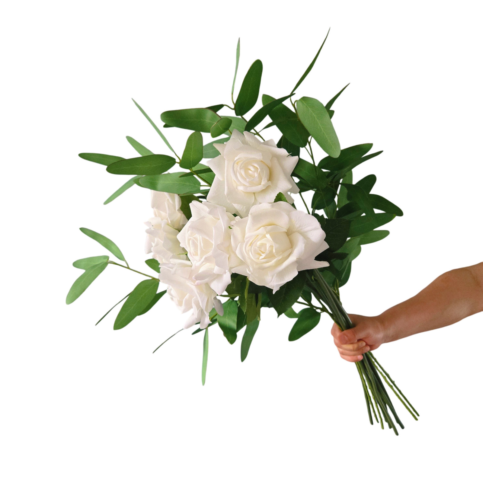 12pcs Artificial Natural White Rose Eucalyptus Leaves Bouqute