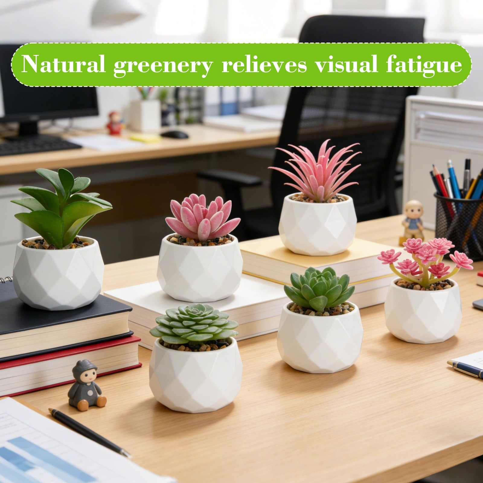 6 PCS Artificial Succulents Faux Desk Plants White Plastic Pots Room Decor