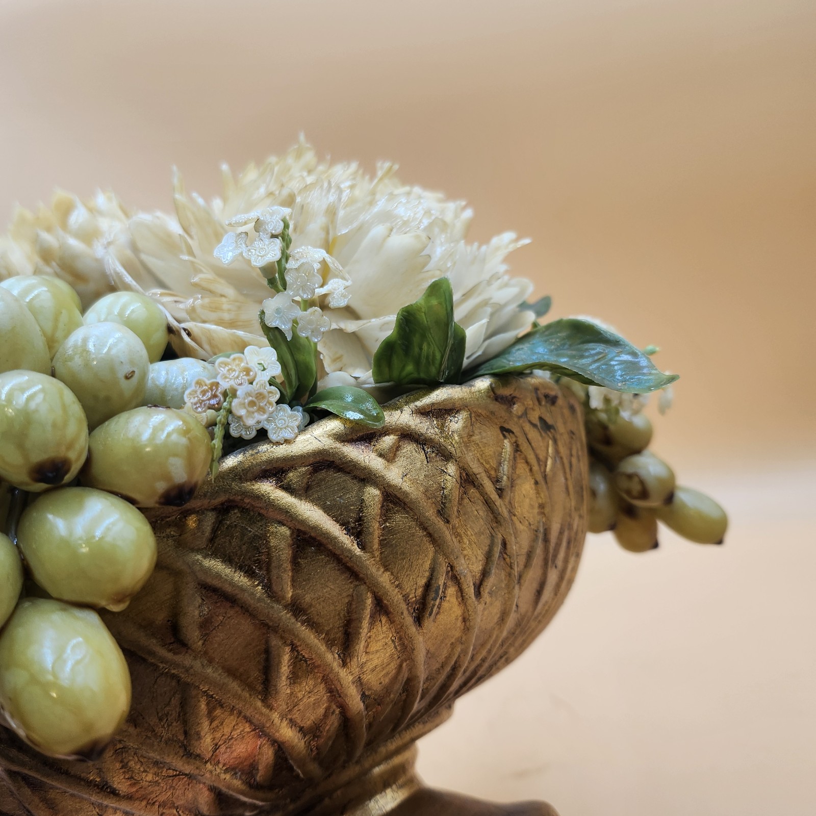 Vintage gold bowl artificial flower fruit arrangement white green Mid Century