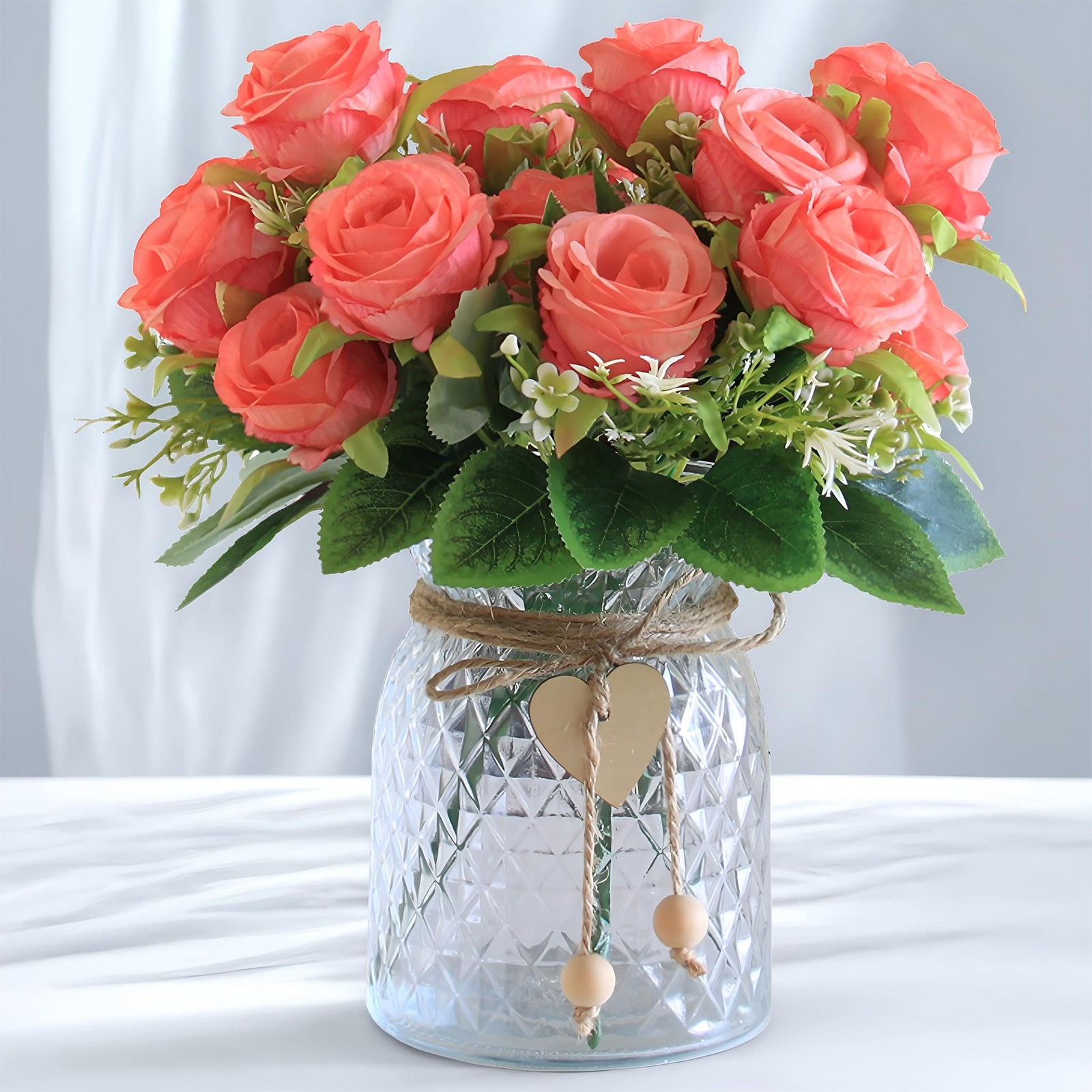 Artificial Roses Vase 18 Pcs Pink Silk Flower Arrangement 12 Inch Home Decor