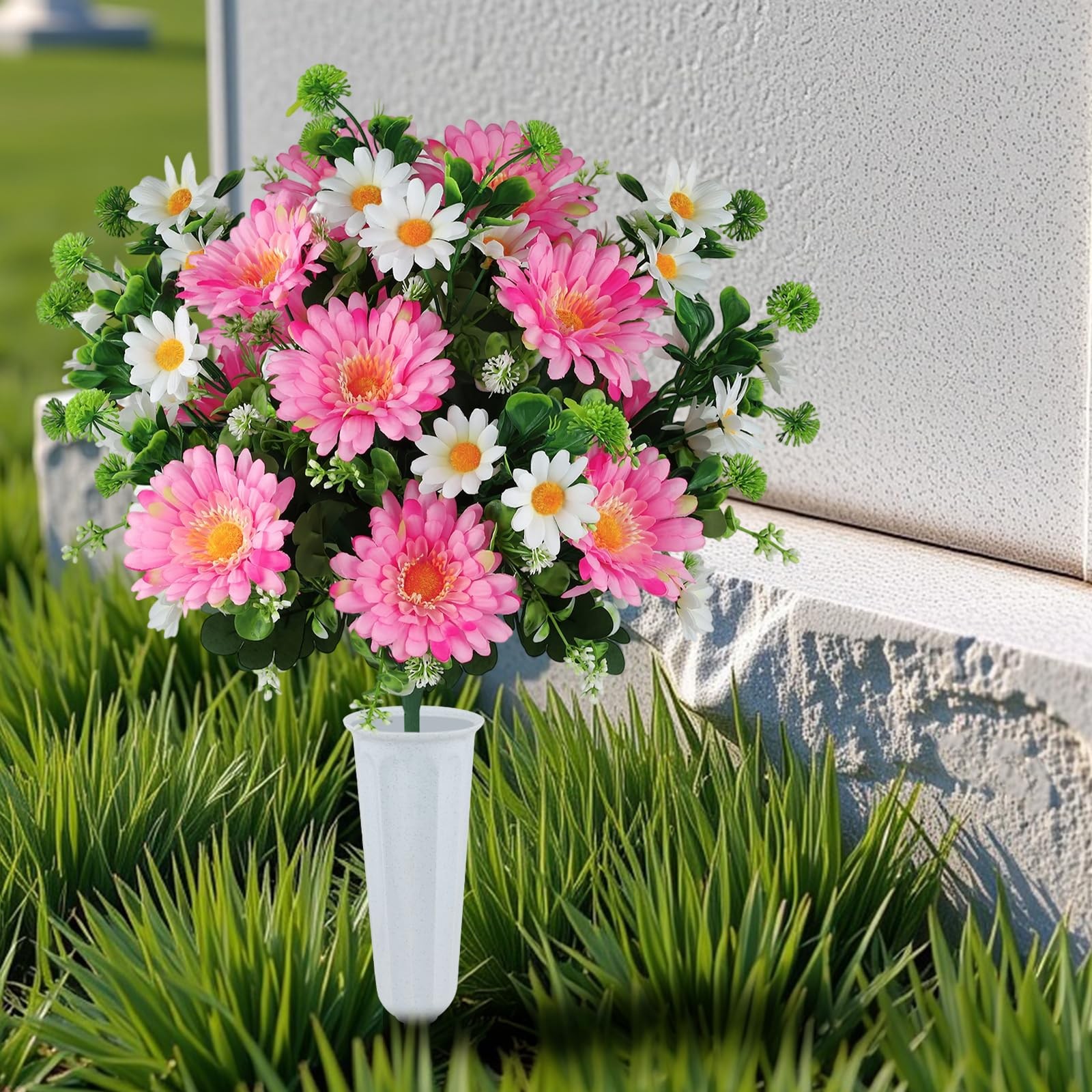 Artificial Cemetery Flowers for Grave with Vase, 24 Branches Daisy Fake Silk …