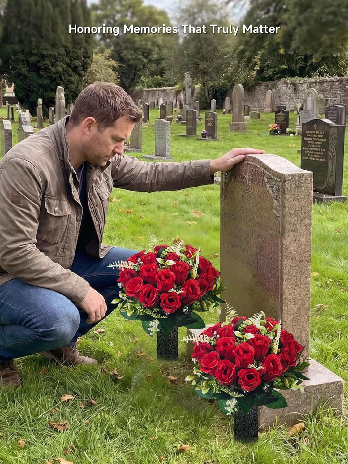 2 Pack Cemetery Flowers for Grave with Spiked Vases, 18-Stem Red Artificial Rose