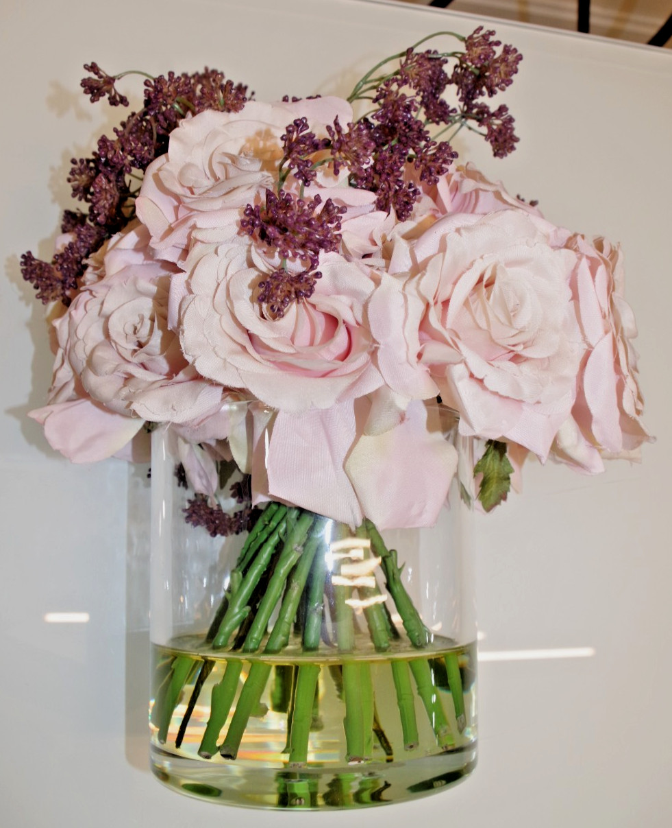 H Pink Roses & Burgundy Faux Floral Arrangement Clear Glass Vase Flower Bouquet