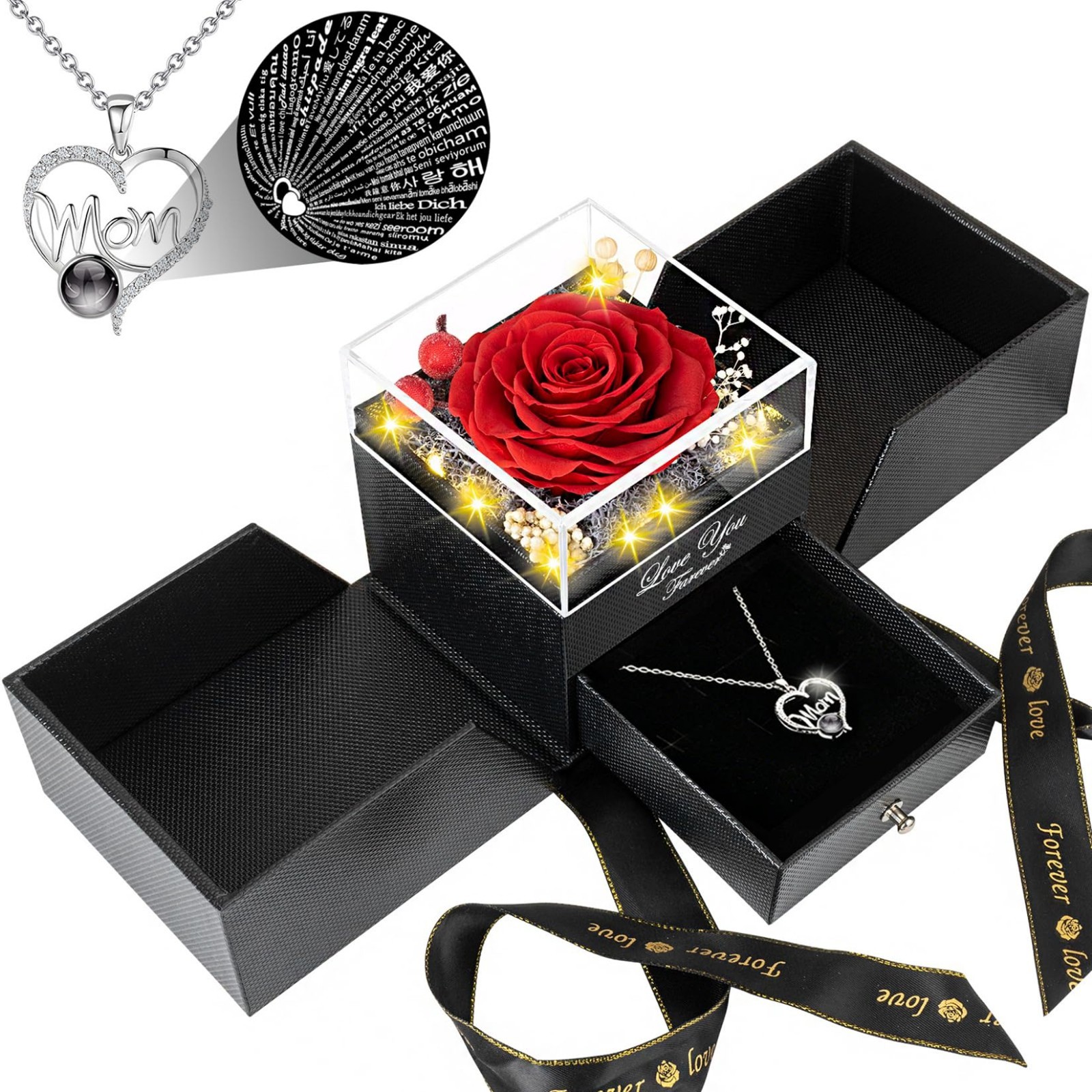 Unique Mother’s Day Gift – Preserved Red Roses & “I Love You” Necklace, Perfect