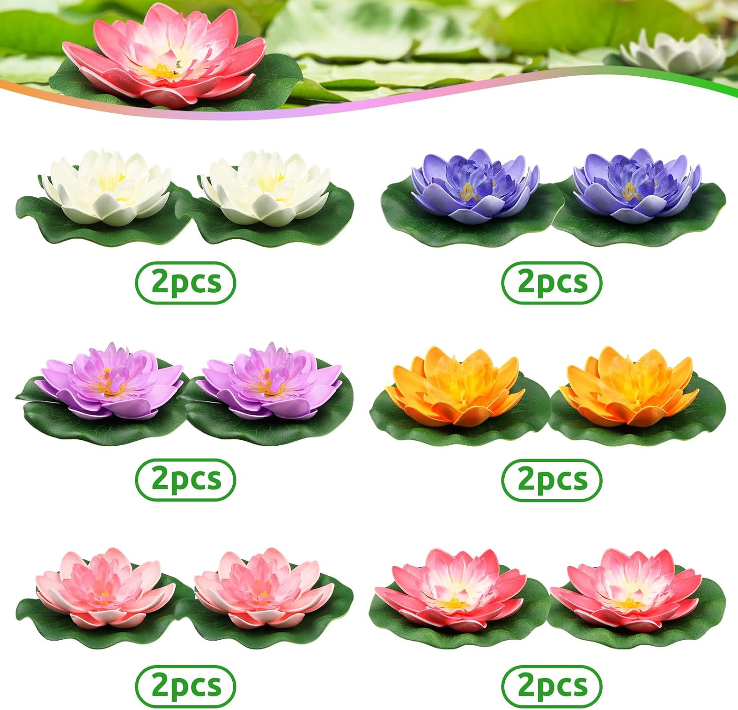 12Pcs Floating Foam Lotus Flowers with Lily Pads, Artificial Pond Plants Ornamen