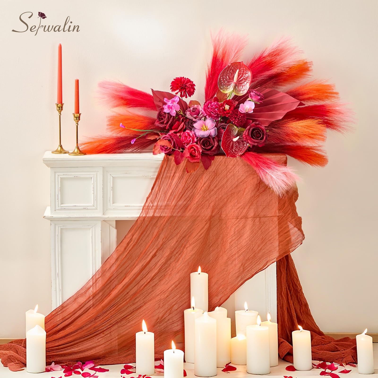 Gradient Burgundy Orange Pampas Grass Decor 17.7 Inch Faux Artificial 6 PCS