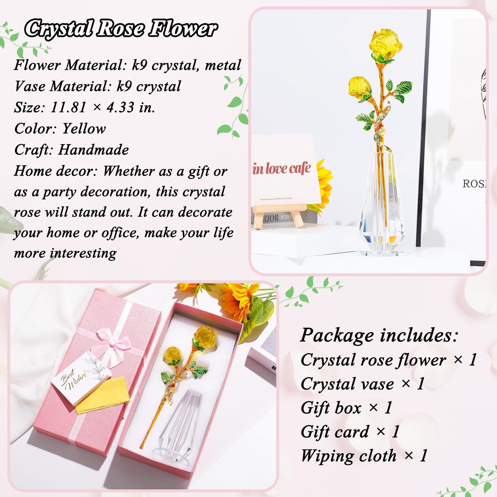 YWHL Handmade Yellow Rose Flower Crystal Figurine with Vase, Bouquet Glass Fl…