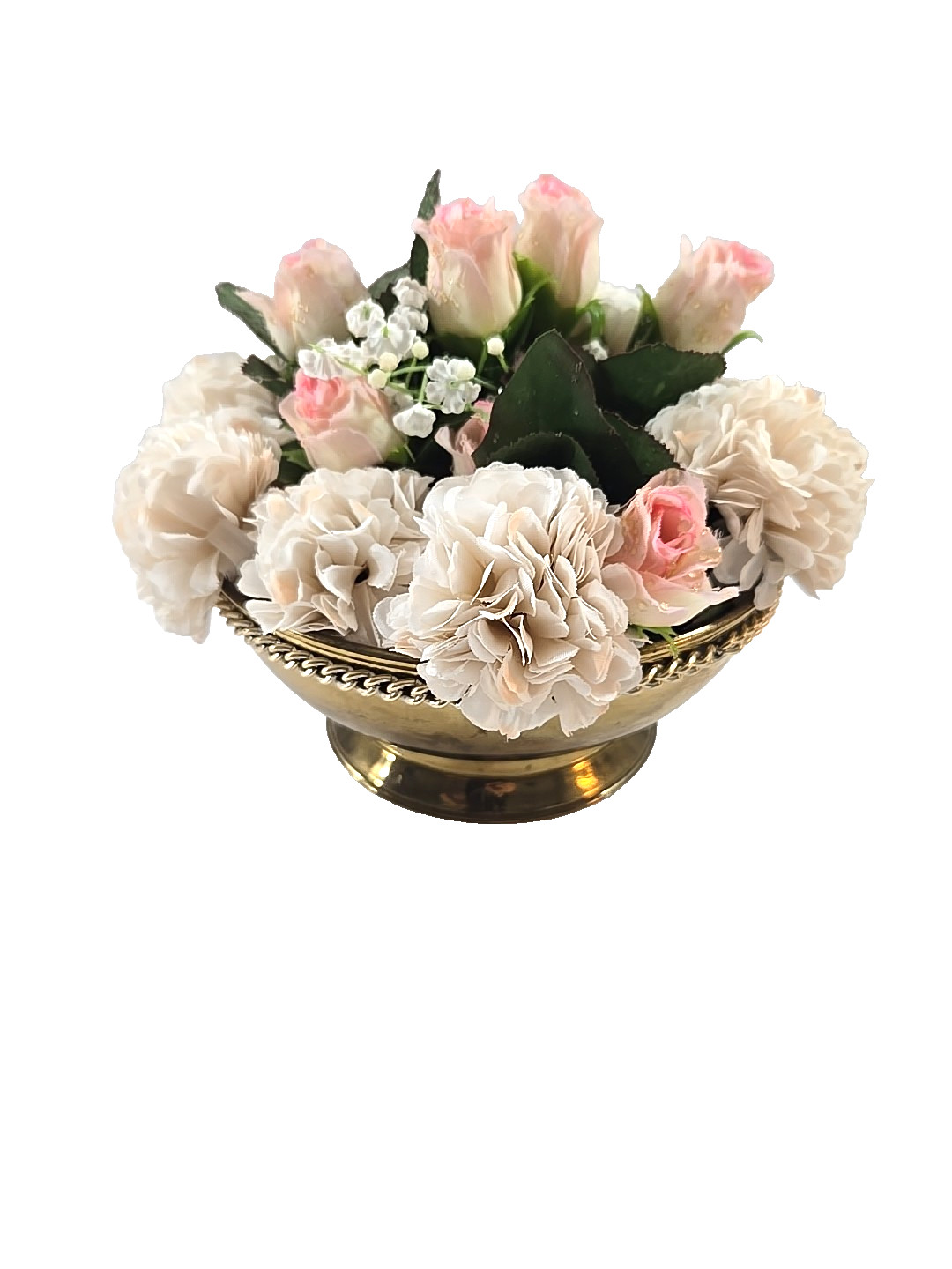 Vintage Silk Floral Arrangement in Footed Brass Planter Pot England 7″