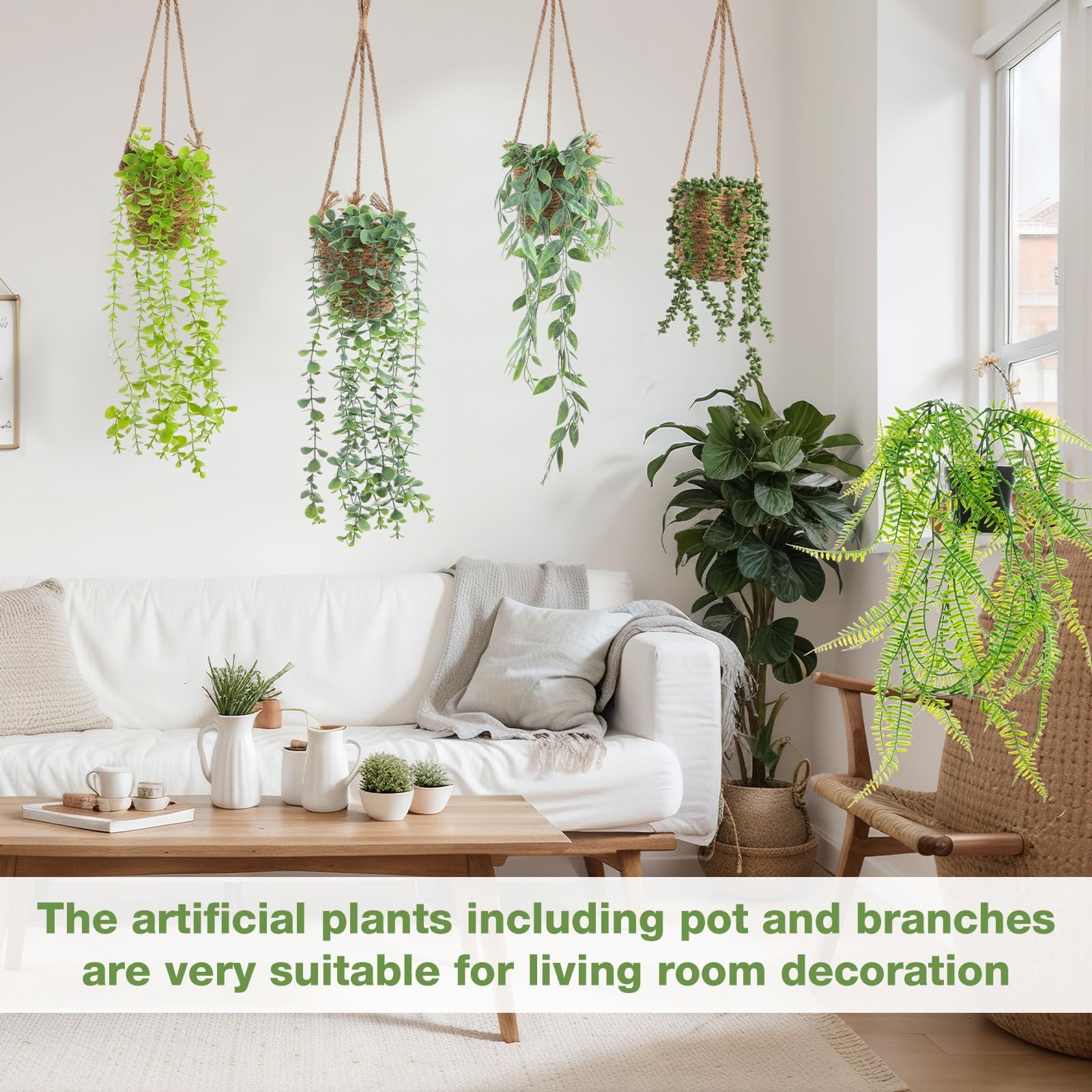 Summer Mini Hanging Artificial Plant with Woven Basket Boho Fake Plants Ivy F…