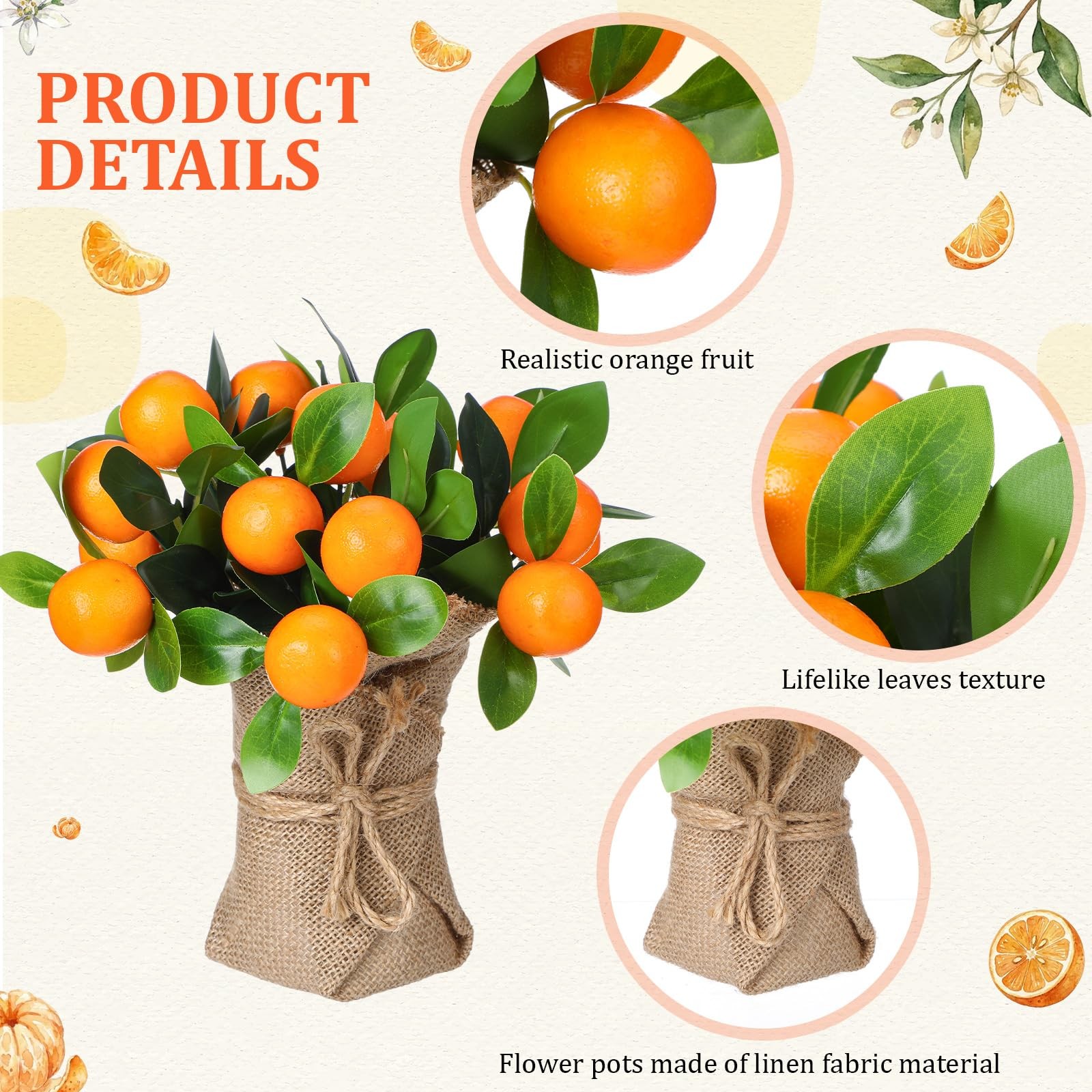 2 PK Artificial Orange Potted Plants 9.45 Inch Fake Tree Realistic Fruit Pot