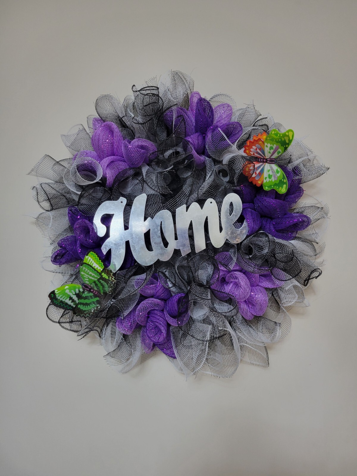 HOME black purple white Spring Summer Fall Wreath bunny Mesh Front Door Decor
