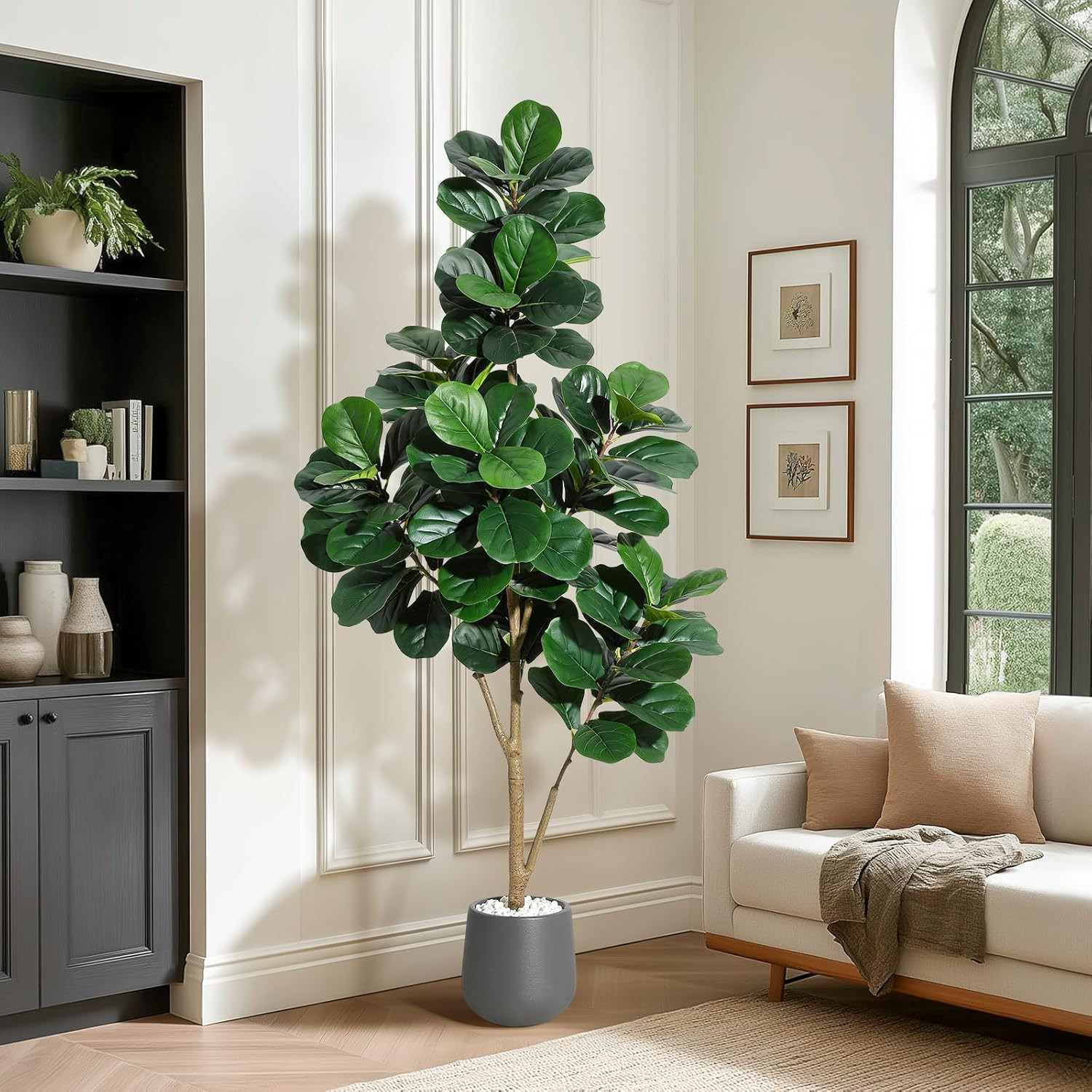 6 Ft Fiddle Leaf Fig Tree – Realistic Faux Plant in Grey Planter Pot
