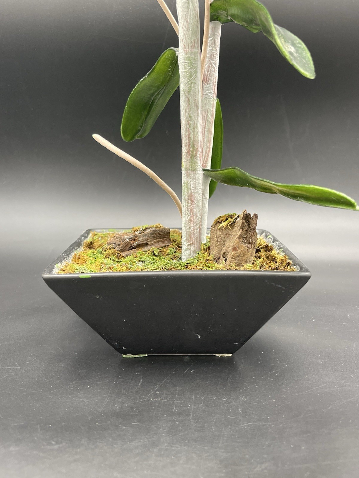 19″ Faux Orange Orchid Green Leaves Roots in Black Ceramic Pot