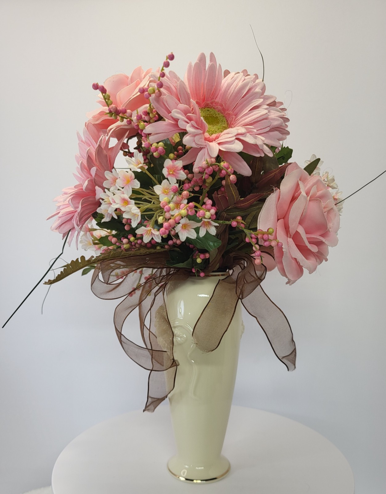 Artificial Pink Bouquet with Gerbera Daisies Roses Filler Berries Wrapped Stem