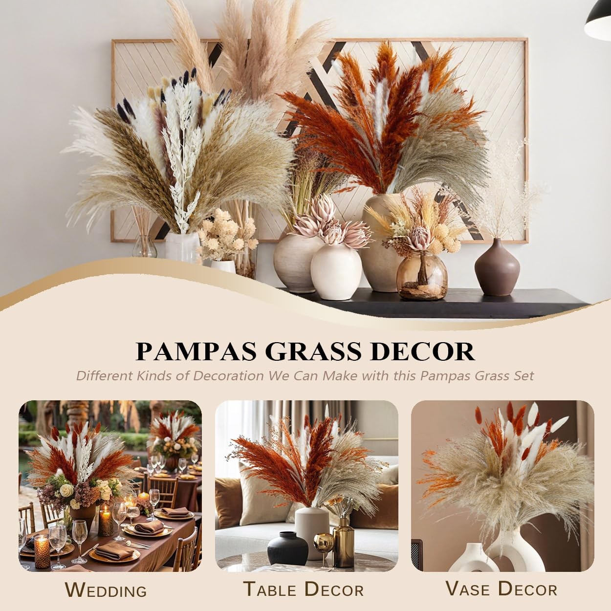 Pampas Grass Dried Flowers for Vase, Boho Home Decor, Wedding Decorations (Mi…