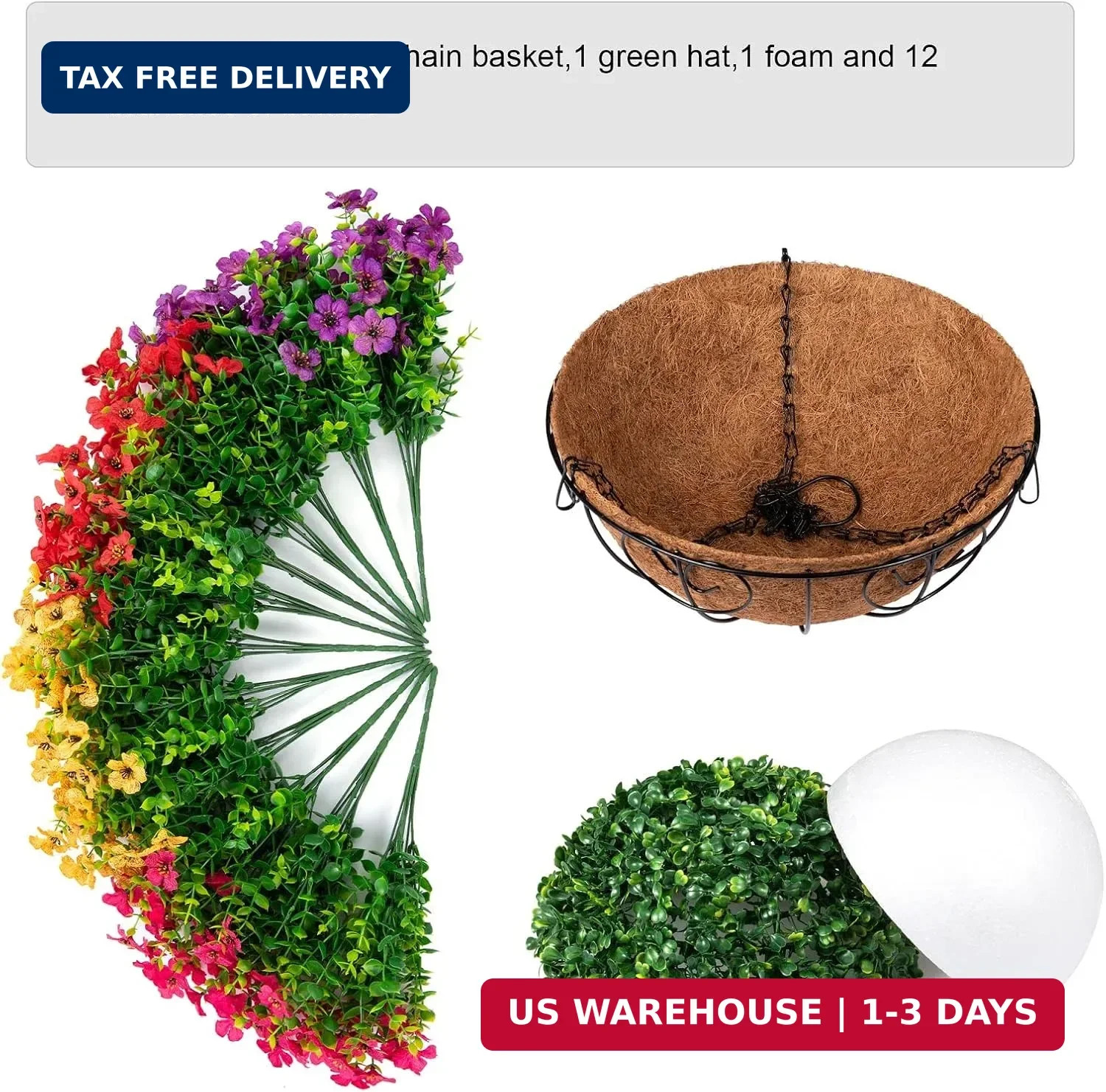 HyeFlora Artificial Faux Hanging Plants Flowers Basket for Summer Outdoor Outsid