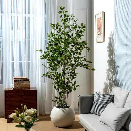 Artificial Ficus Tree 7ft Tall Potted Faux Plant Realistic Silk Leaves Indoor