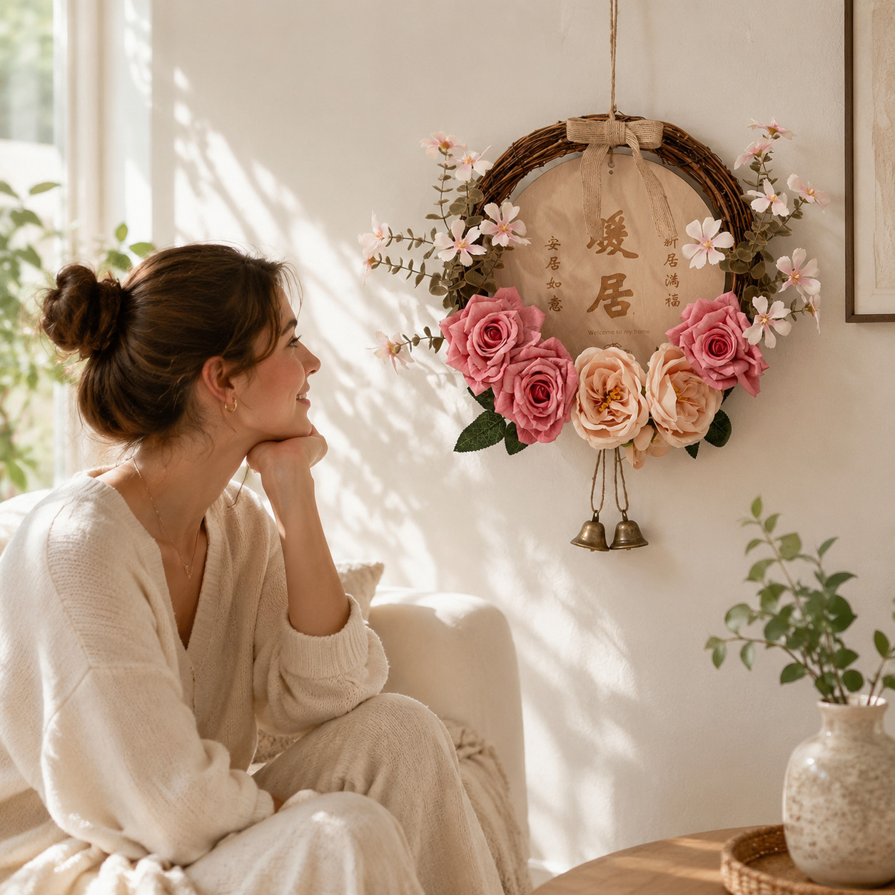 Plant Fiber Rattan Wreath Welcome Sign for Wall Decor