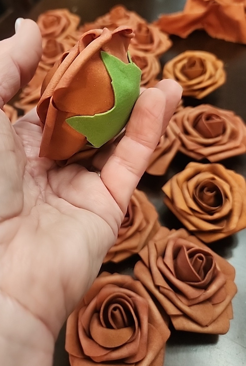 21 Foam Flower Blossom Heads Roses Terracotta Sunset & Burnt Orange Stemless