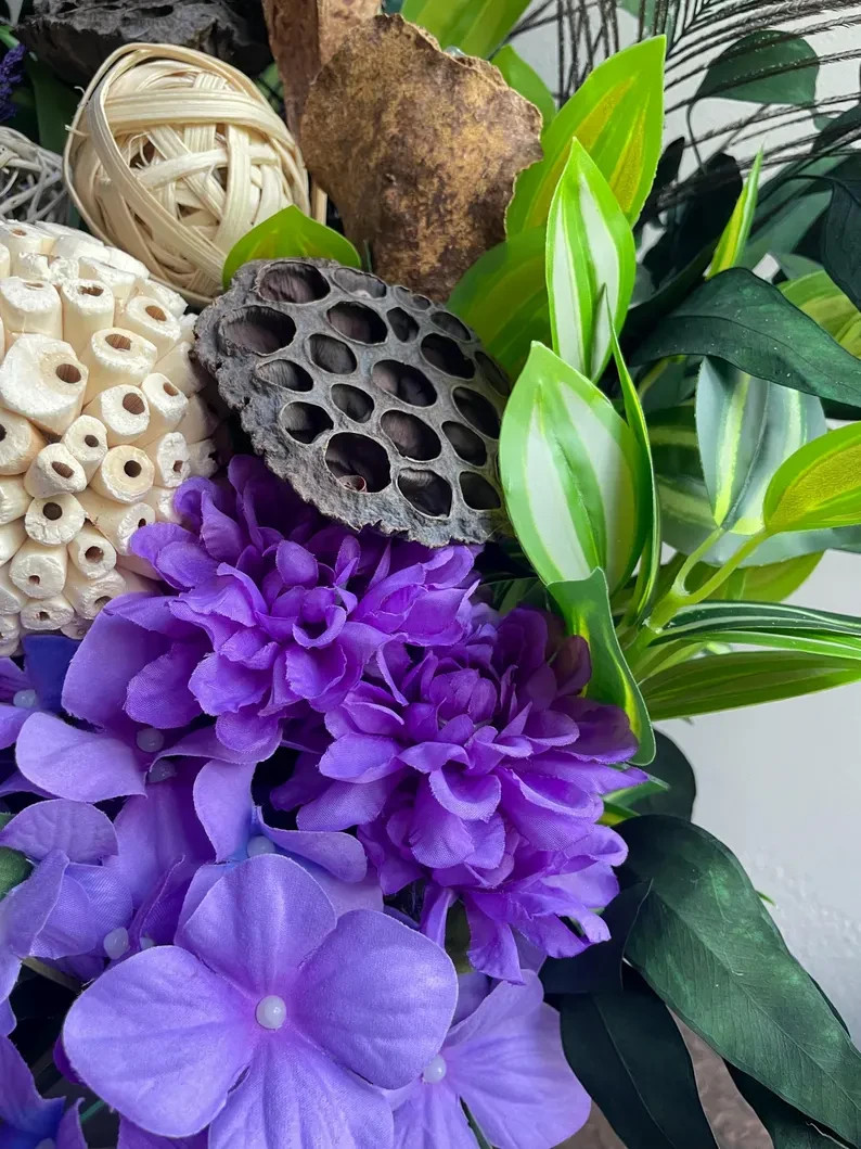 Peacock Centerpiece: Purple & Green Floral Arrangement, Cute Earthy Home Decor