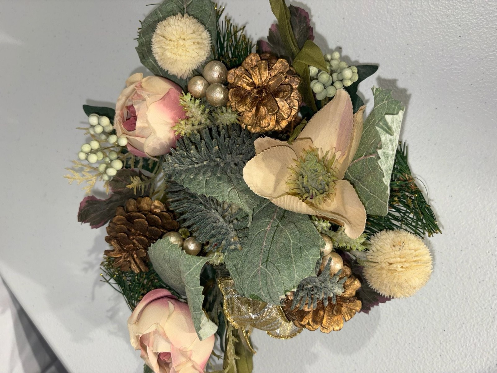 Decorative Holiday Candle Ring with Artificial Peonies, Gold Pinecones, and Gree