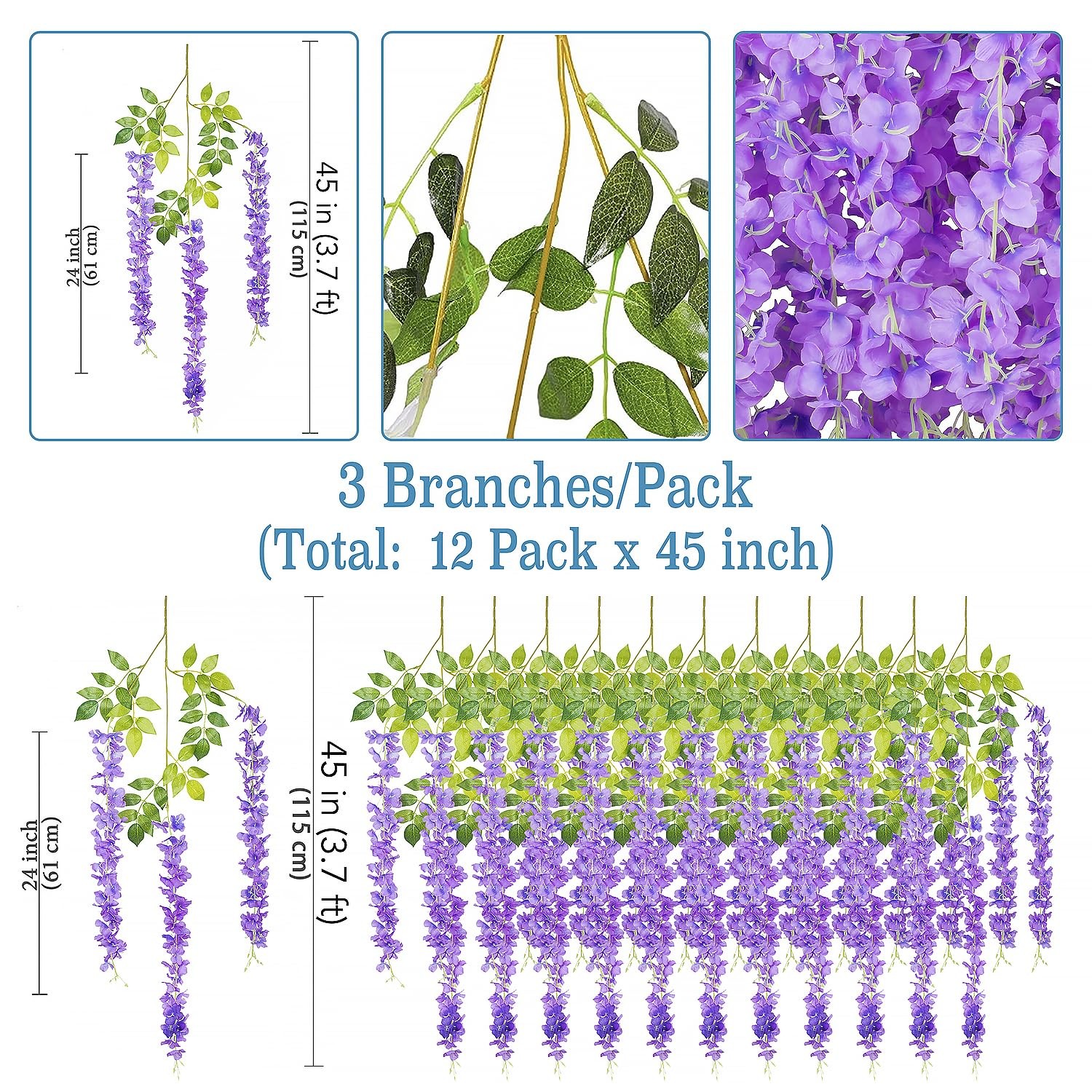 (36 Branches 12 Pack /45 inch /3.7ft Wisteria Hanging Artificial Flowers Fake…