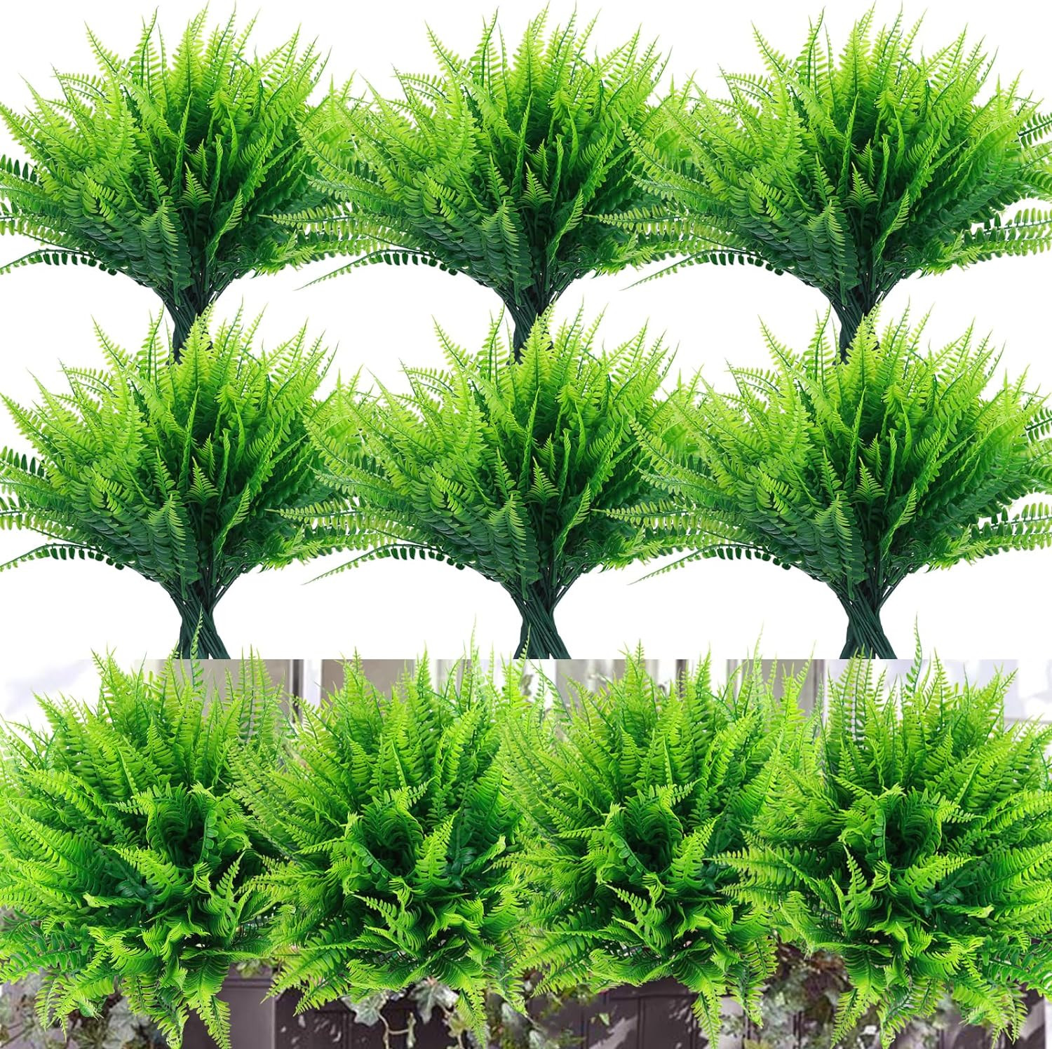 Fake Fern Plants Faux Boston Ferns UV Resistant Greenery for Outdoor 10 Pack