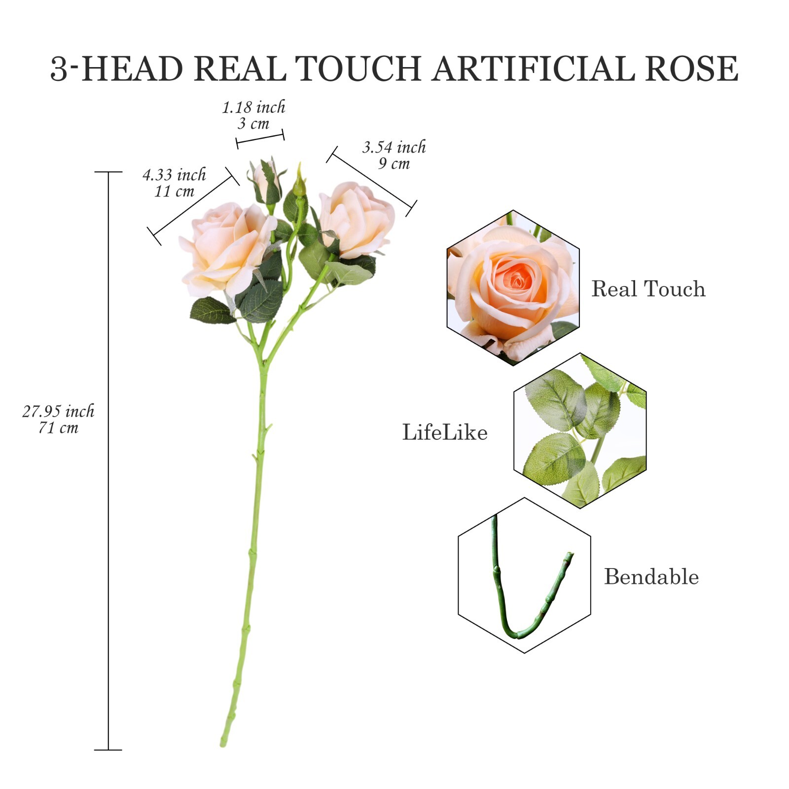 10pcs Artificial 3-Head Roses –Each Stem Features 2 Full Blooms and 1 Bud