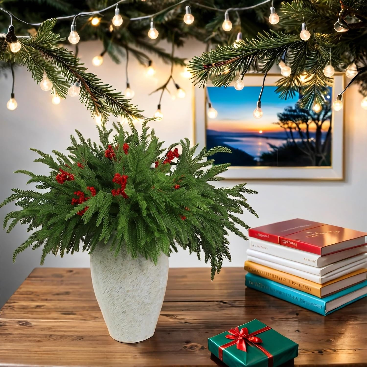 12 Pcs Artificial Norfolk Pine Branches with 8PCS Red Fruits 18″ Plastic Christm
