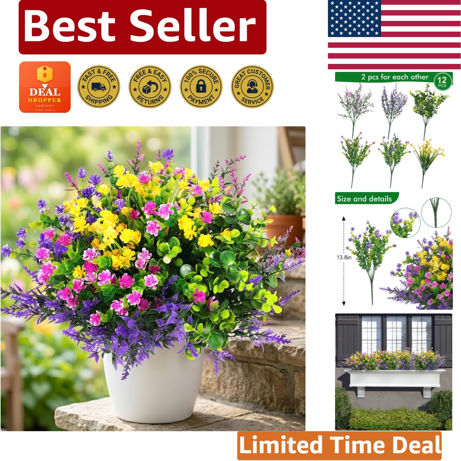 12 Pcs UV Resistant Artificial Flowers – Vivid Outdoor Decor for All Seasons