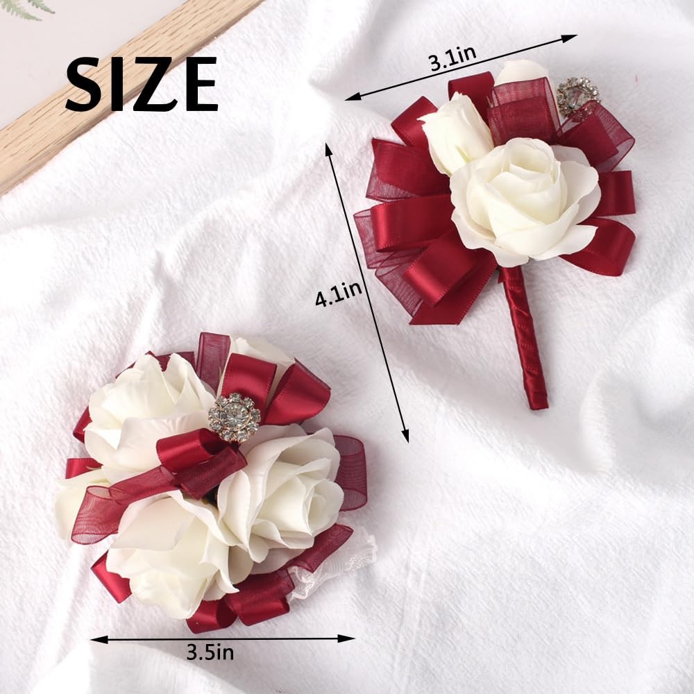 Prom Corsage Boutonniere Set Ivory Rose Wristlet Wedding Homecoming Red Ivory