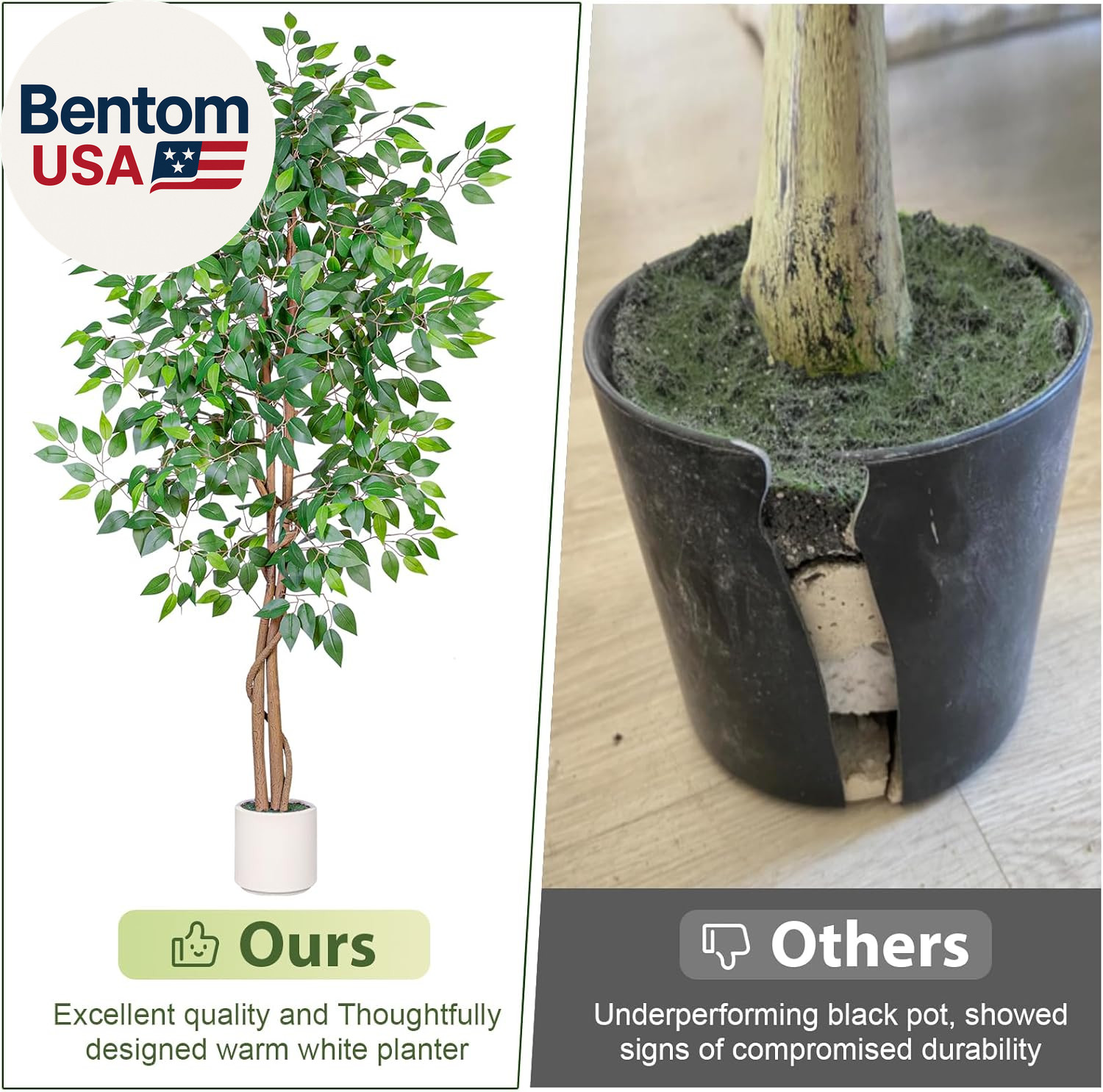 6FT Artificial Ficus Tree with White Planter, Realistic Faux Silk Indoor Outdoor