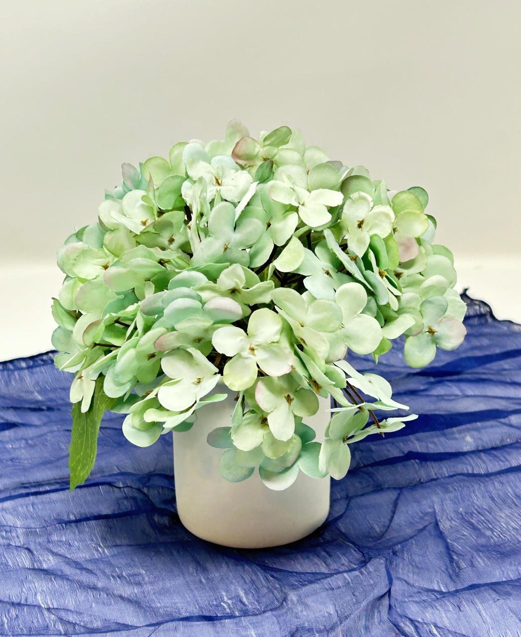 6.5″ Artificial BLUE-GREEN HYDRANGEA faux Silk flower, smooth matte ceramic pot