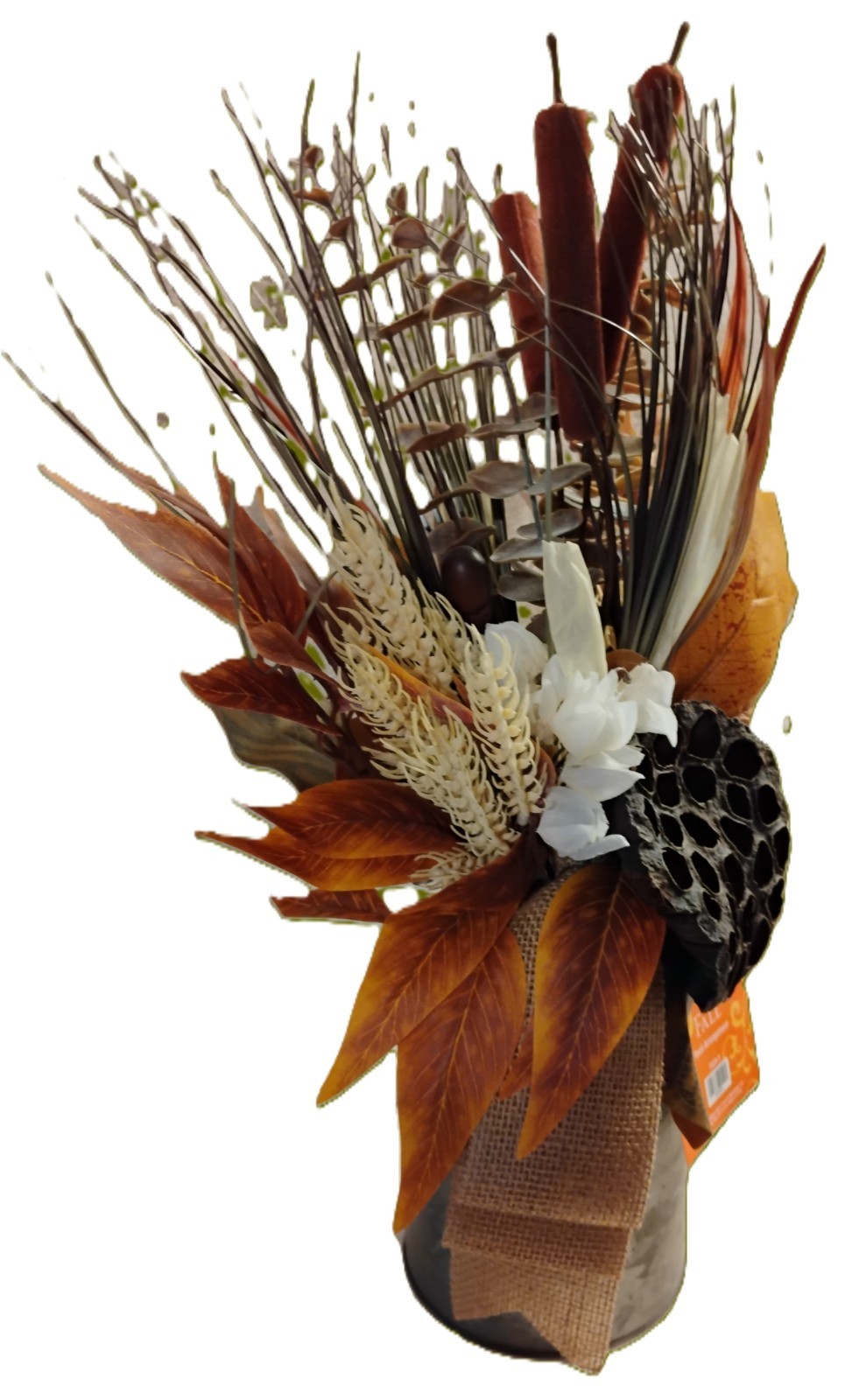 NWT Autumn Fall Floral Arrangement-Cattails & Lotus Pods-Silver Milk Can-18.75″T