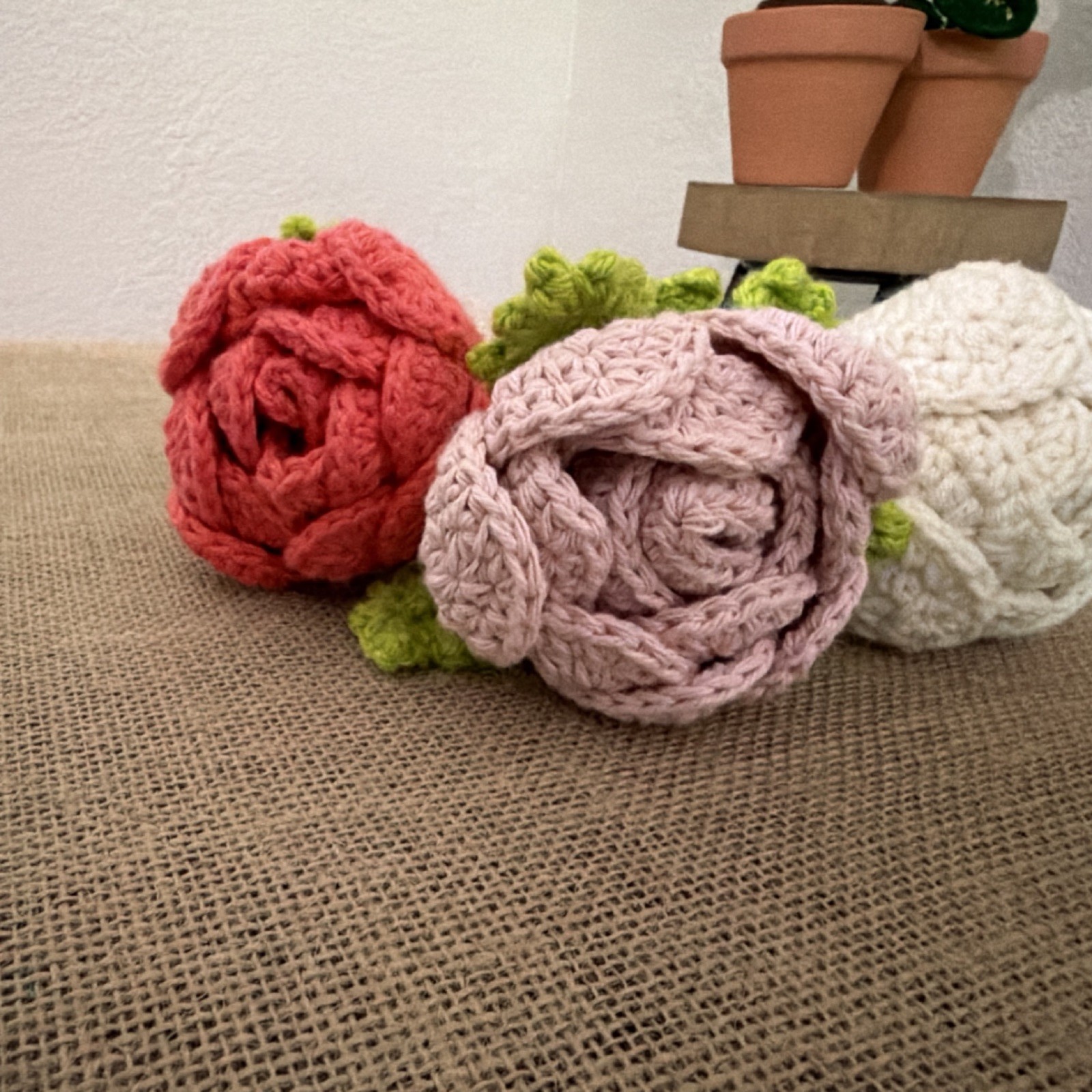 Handmade Crocheted Yarn Artificial Flower Bouquet Roses Pink White Red
