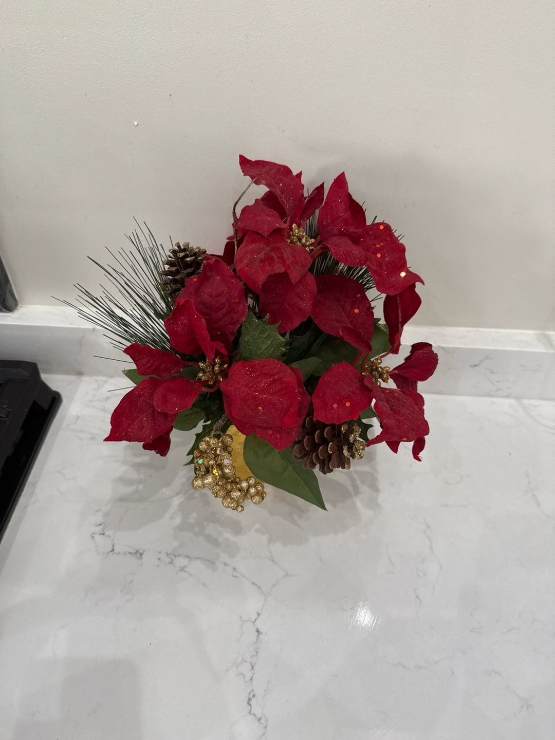 Artificial Poinsettia, Pine and Berry Christmas Arrangement in Gold Square Vase