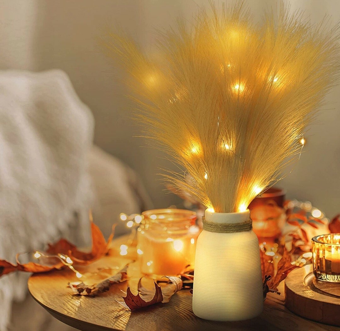Faux Pampas Grass, Set of 6 Stems 17” Short Artificial Fake Flowers with light