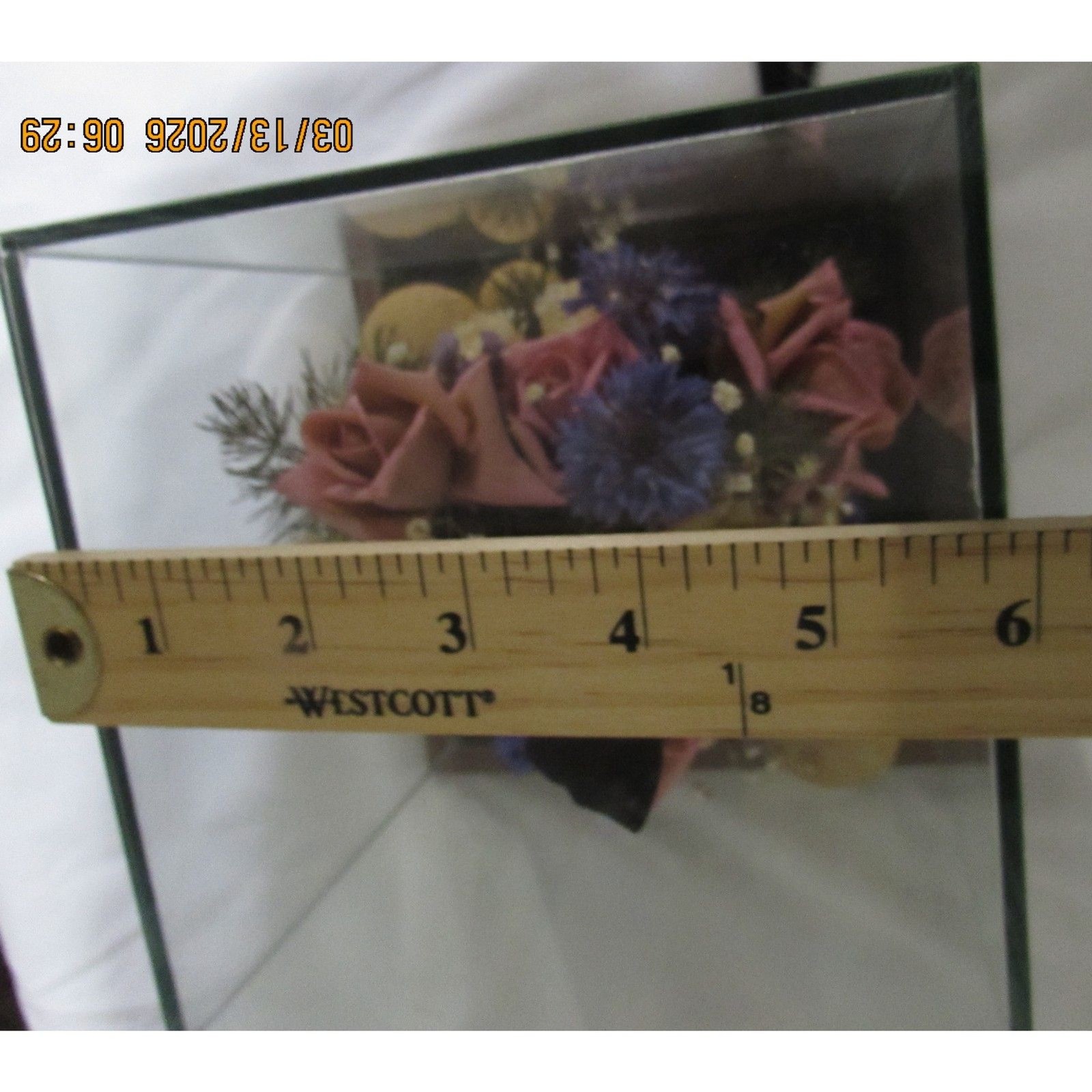 Vintage dried flower arrangement in glass with wood base butterfly mushrooms