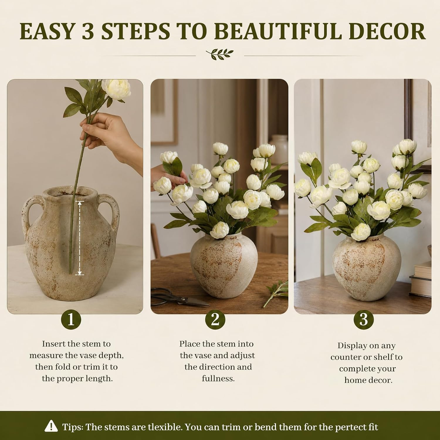 Cream Faux Peonies – 6 Pcs Real Touch Silk Flowers for Home Decor & Weddings