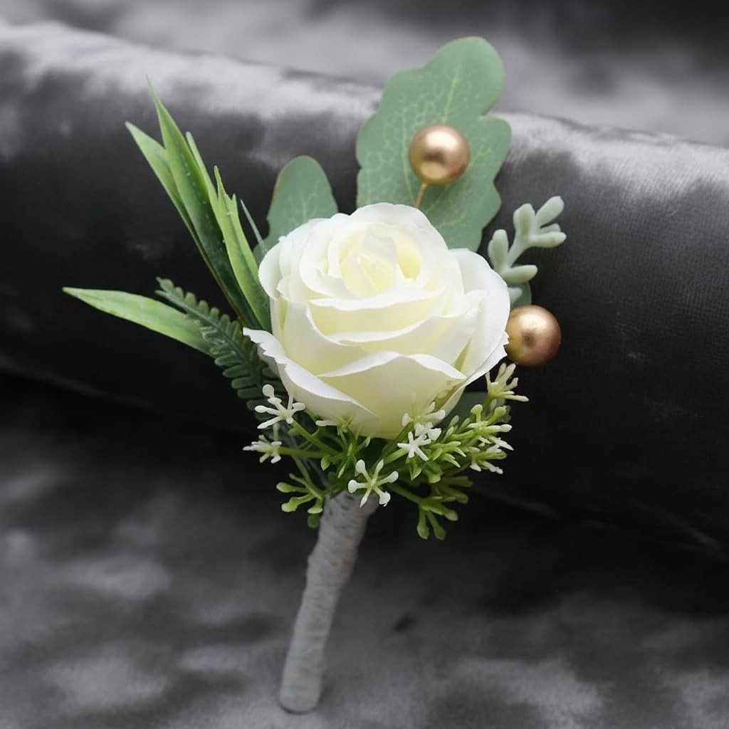 2Pcs Roses Boutonniere for Men Wedding, Groom Groomsman Artificial White Rose…