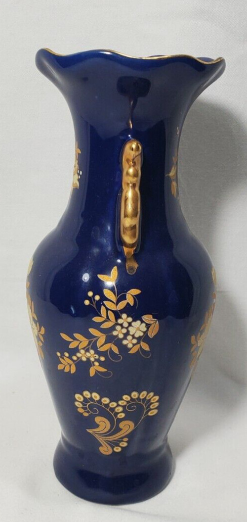 Hand-painted Dark Blue With Gold Floral Porcelain Vase 8″H