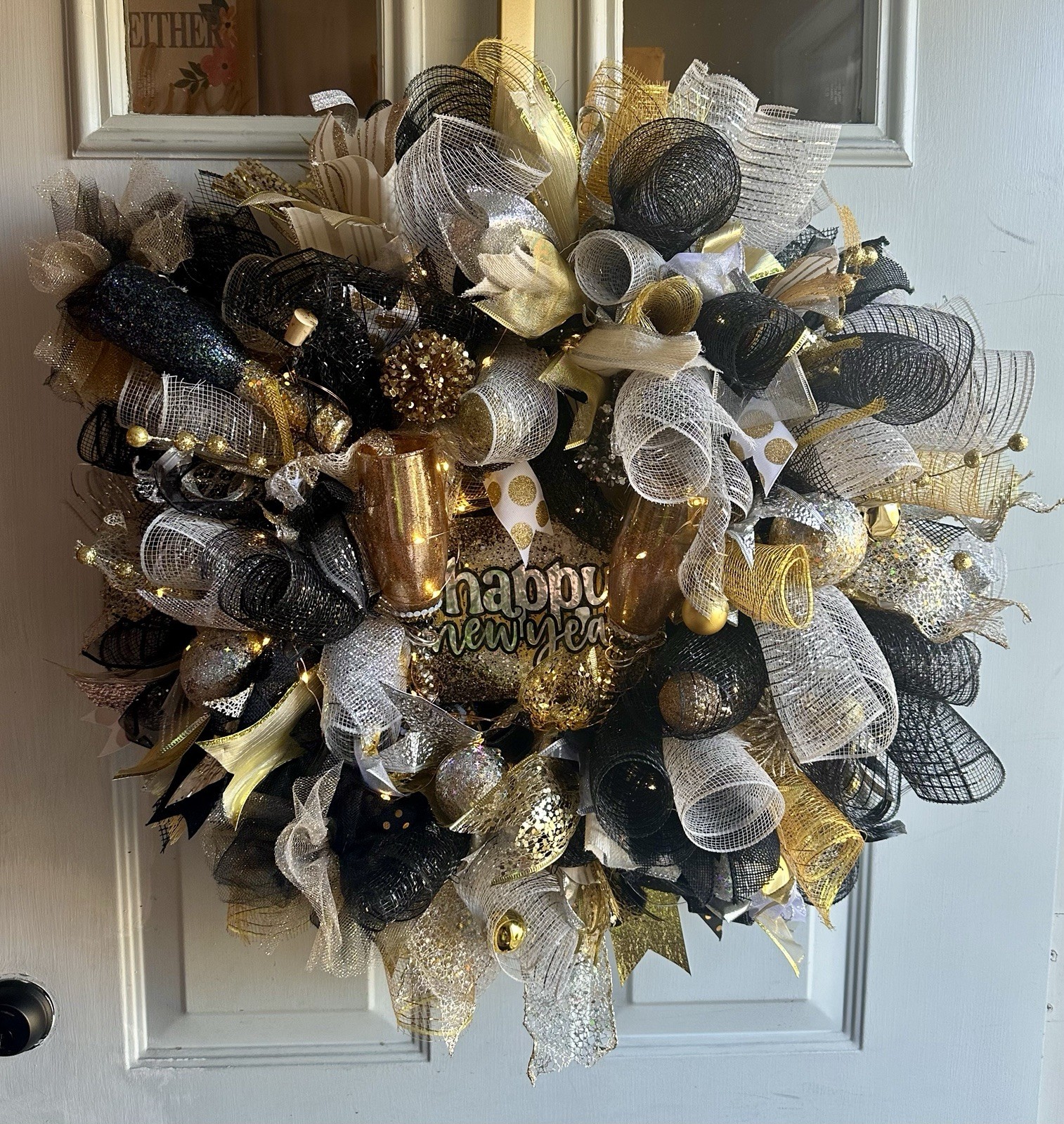 Graduation Wreath Black Gold Congrats Deco Mesh Door LED Party Decor