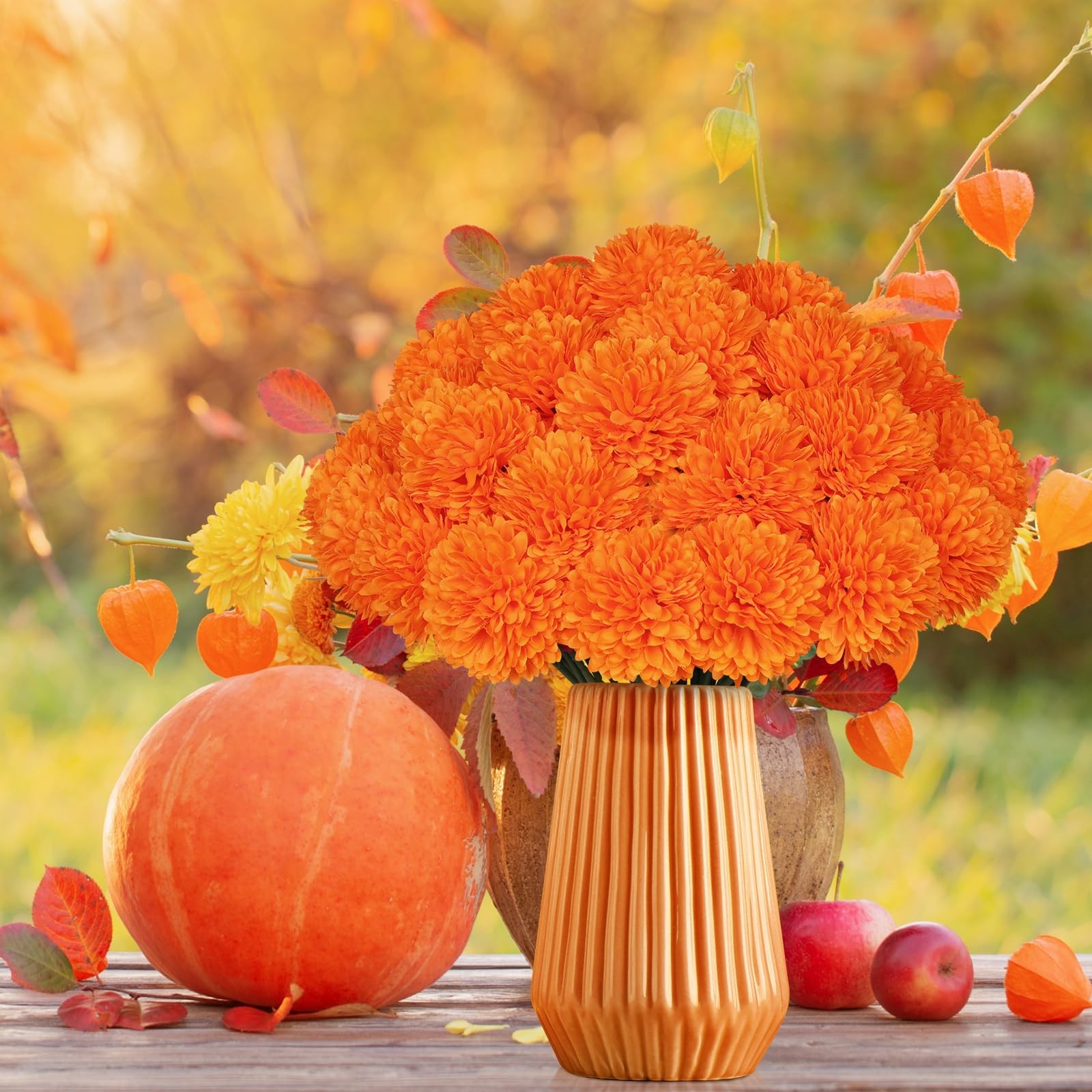 Artificial Chrysanthemums Marigold Fake Orange Silk Mums Bouquet 36 PCS