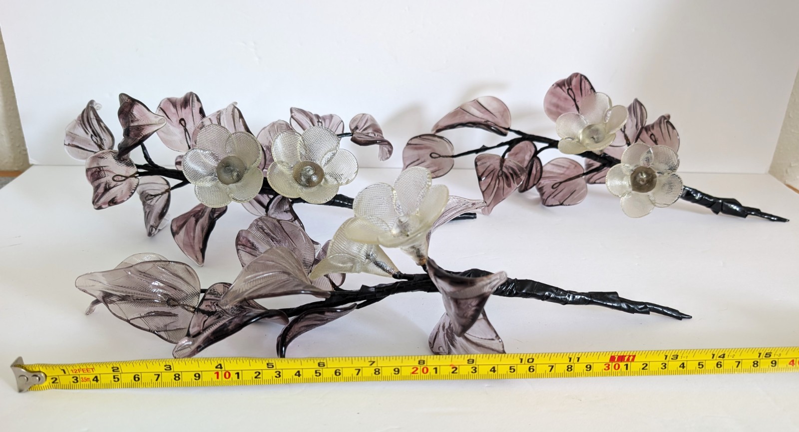 Vintage Hand Blown Glass Smoky Amethyst Flower Branches Set Of 3 Stalks MCM 15″
