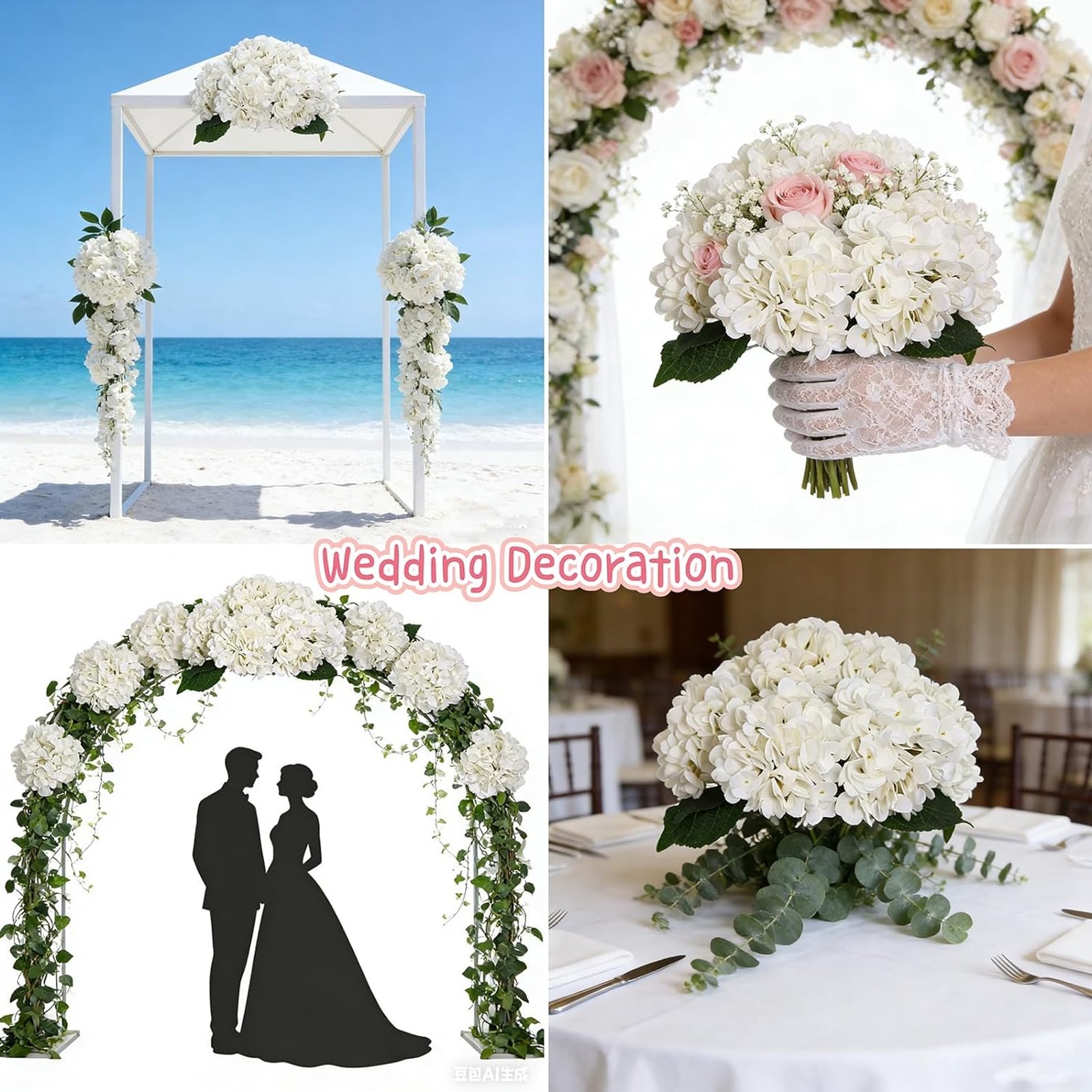 6 Pcs Artificial Silk Hydrangea Flowers Bouquet Arrangement White/pink/green