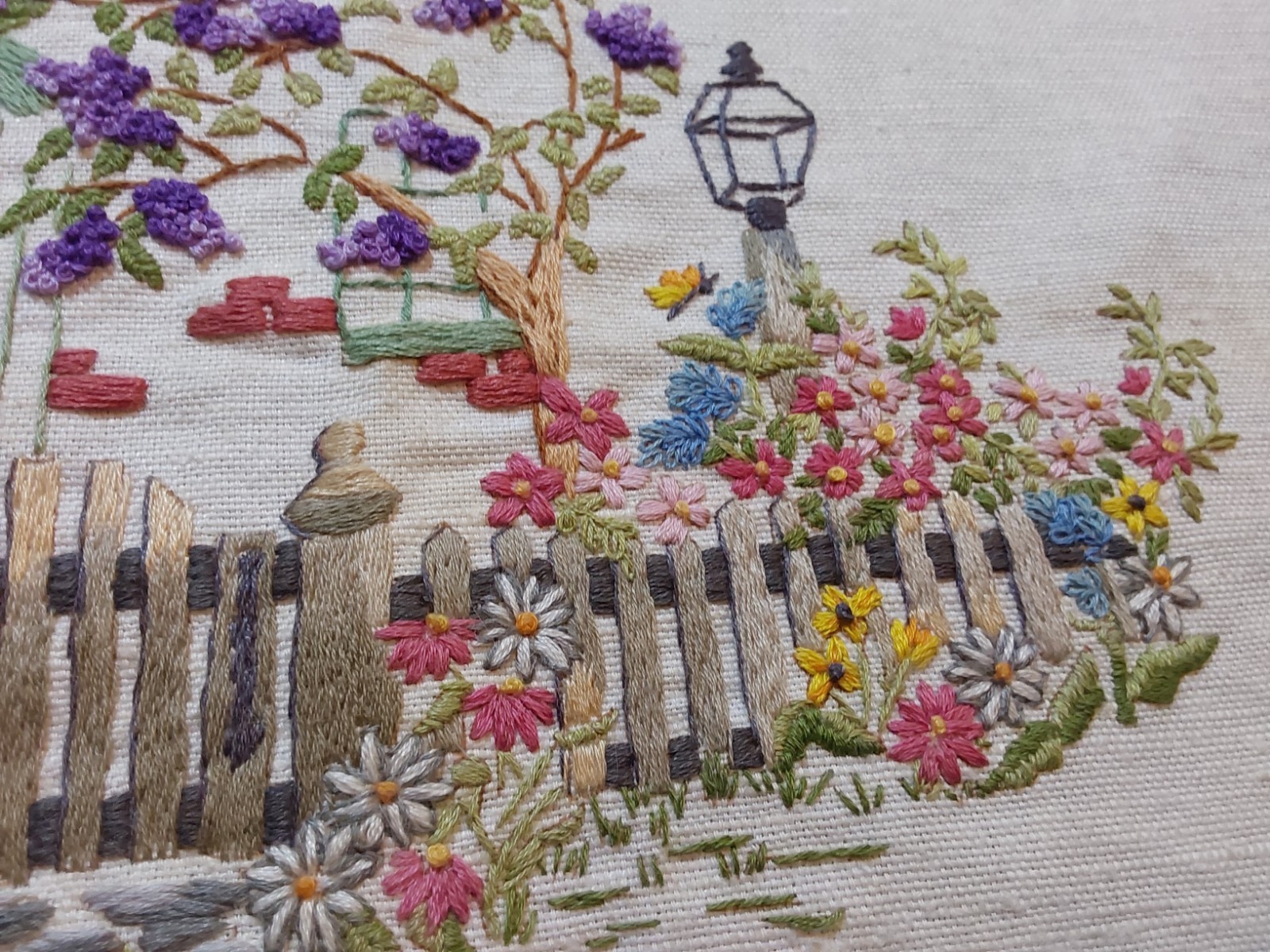 EMBROIDERED SCENE ●COTTAGE ENTRY ●Trees FENCE Florals ~15″ X 11.25″ HAND CREATED