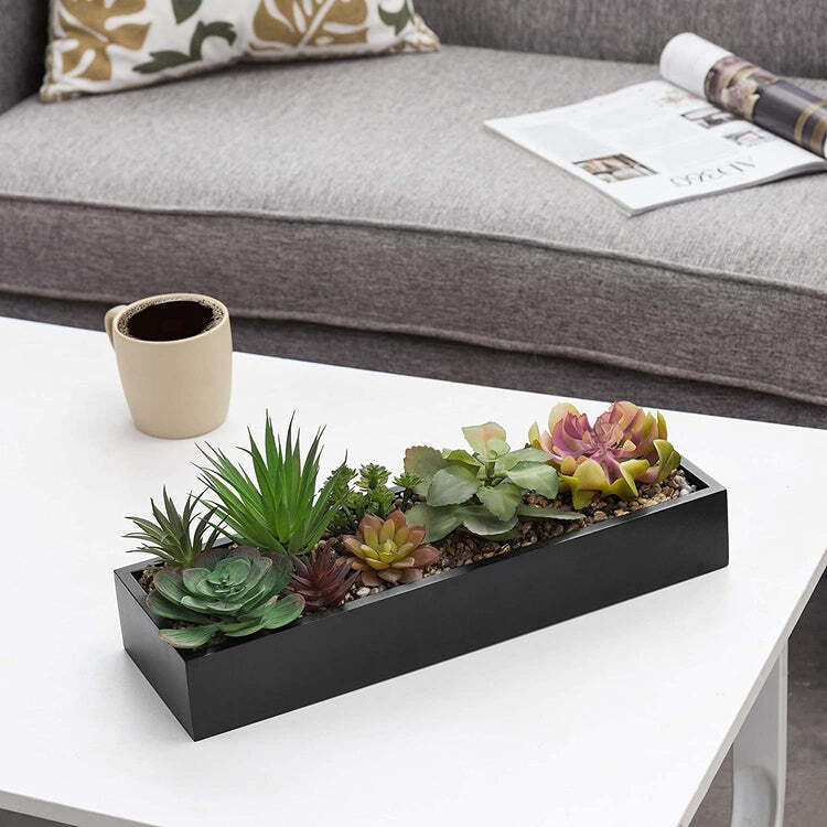Artificial Assorted Succulent Arrangement in Rectangular Black Wood Planter Box